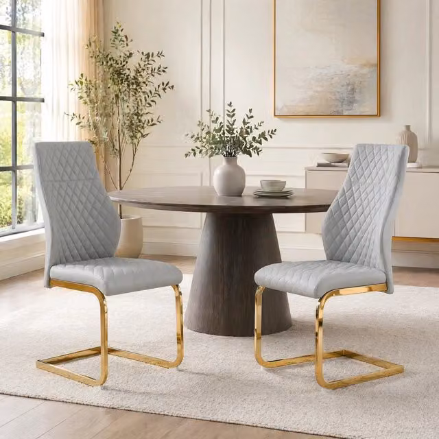 Set di 2 Sedie da Pranzo con Schienale Alto, Rivestimento in PU Grigio Chiaro a Motivo a Rombo, Struttura in Metallo Dorato Antiscivolo