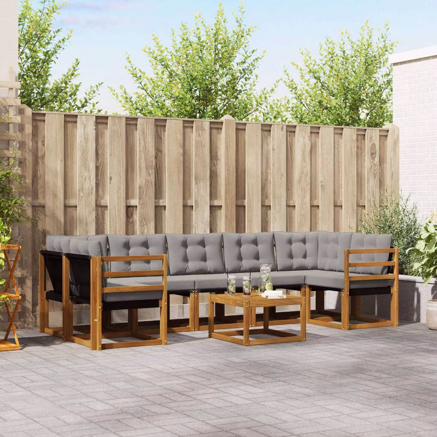 Set di divani da esterno vidaXL 8 pz in legno di acacia con tavolino e cuscini, colore grigio e marrone