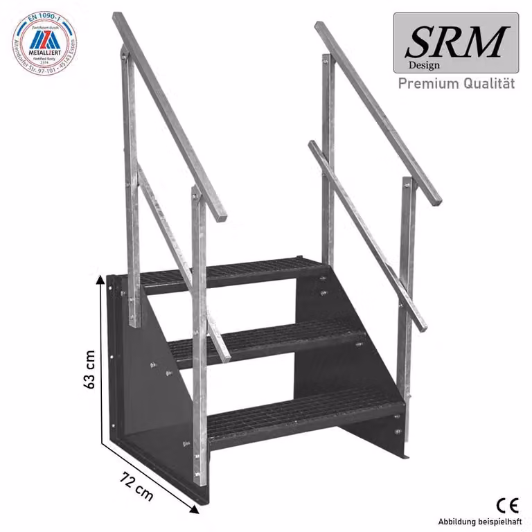 Scala a 3 gradini, larghezza 140 cm, altezza gradini 63 cm, autoportante, completamente antracite, con 2 ringhiere