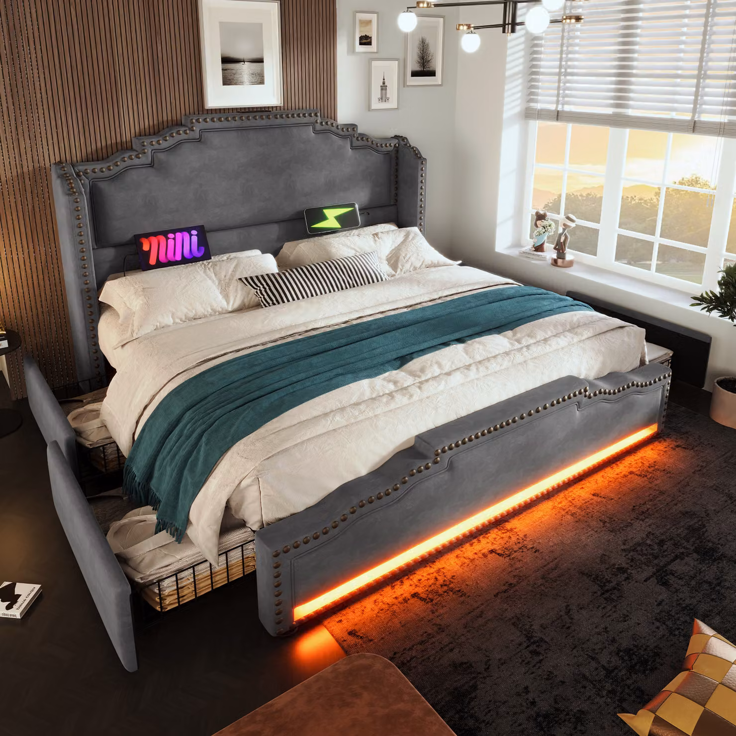 Letto imbottito Flieks 160x200cm con USB e Type-C, letto contenitore letto matrimoniale con 4 cassetti e LED, letto in legno letto giovanile con rete a doghe, velluto, grigio