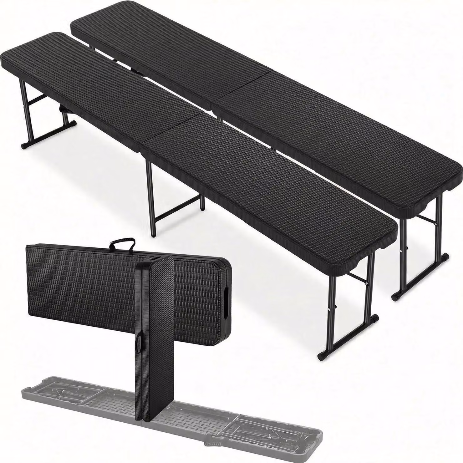 Set di 2 panche pieghevoli per birra - Panchina da giardino e campeggio, 183 cm - Maniglia per il trasporto - Seduta in HDPE - Struttura in acciaio - Portata massima fino a 500 kg - Colore: nero