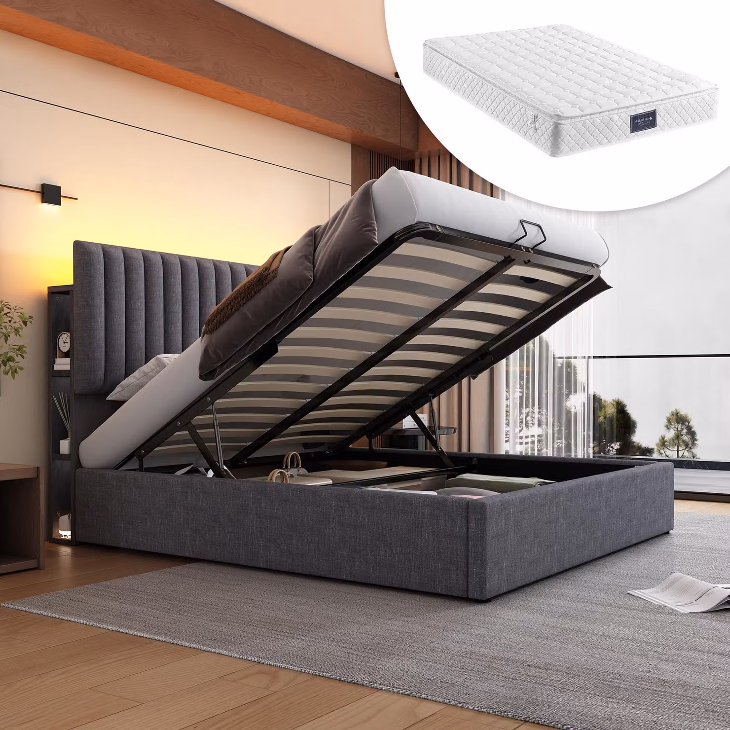 Letto imbottito contenitore letto matrimoniale Letto a LED con USB tipo C, contenitore e testata regolabile, 160x200cm grigio con materasso