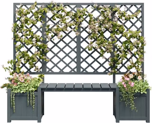Vaso per piante con traliccio e seduta Minimal in legno di abete grigio per giardino e terrazzo H: 145 cm, L: 42 cm, P: 42 cm