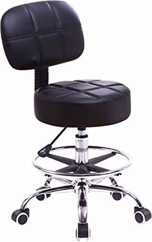 Sedia girevole Unyqoos® con schienale – regolabile in altezza da 52,7 a 68 cm, rivestita in ecopelle nera, seduta di diametro 36 cm, imbottitura di 10 cm, 5 ruote, capacità di carico 136 kg