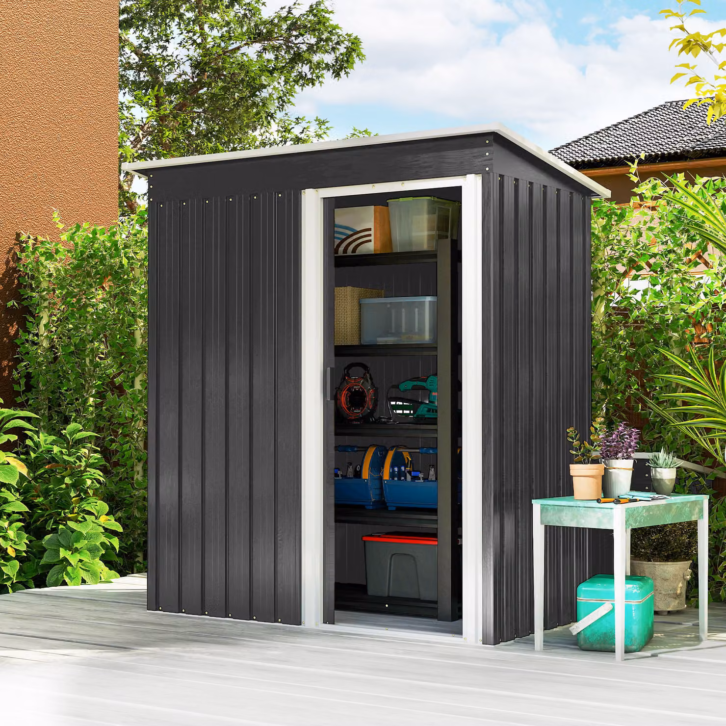 Casetta da giardino Outsunny in acciaio con porte scorrevoli, capanno porta utensili nero, L: 163 cm, P: 89 cm, H: 182 cm – 2