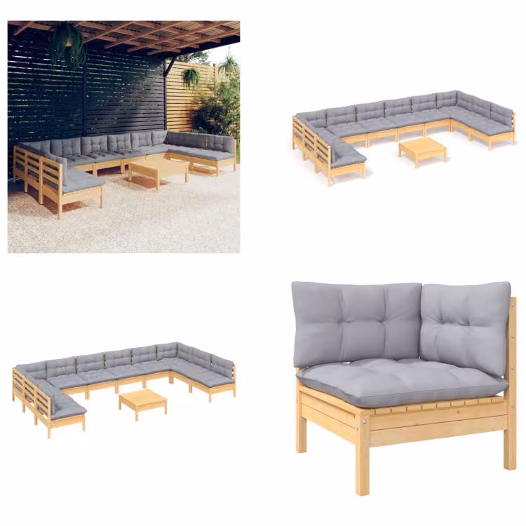 vidaXL set salotto da giardino 11 pezzi con cuscini grigi in pino massiccio - Set salotto da giardino - Set salotto da giardino - Set mobili da giardino - Set mobili da giardino