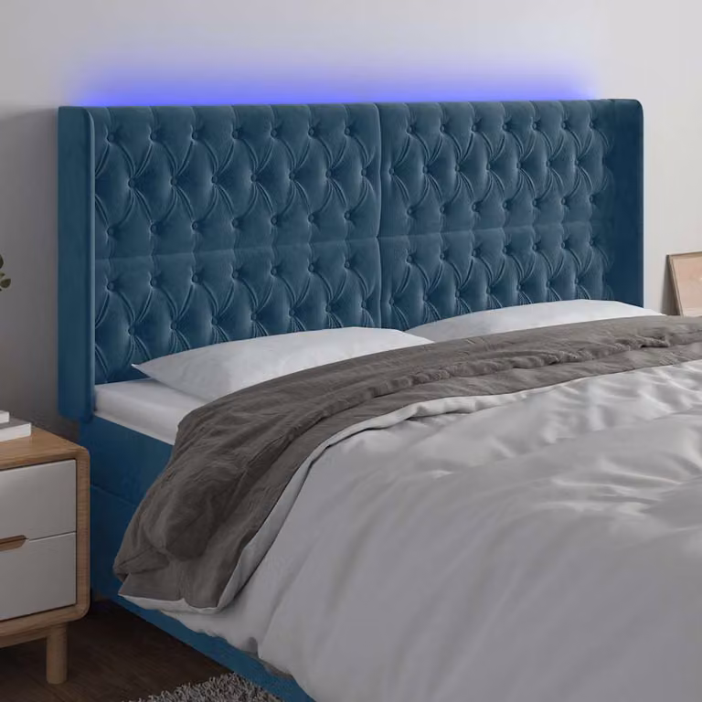Testiera per letto vidaXL in velluto blu con illuminazione LED integrata e porta di ricarica USB, L: 183 cm, P: 16 cm, H: 118/128 cm