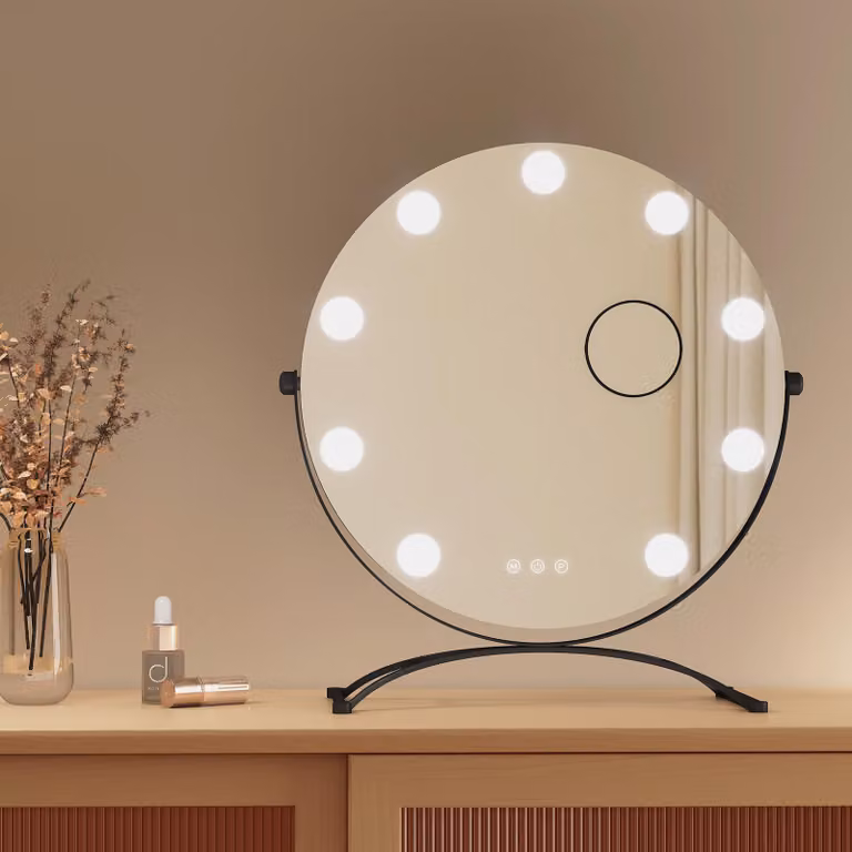 Specchio cosmetico EMKE Hollywood 47X40cm Specchio da trucco rotondo con illuminazione a LED e ingrandimento 7x, 3 colori di luce dimmerabili, nero