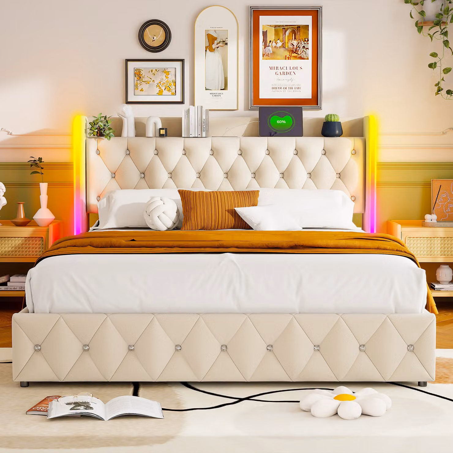 Letto matrimoniale imbottito 160x200 cm con contenitore, lampada LED + connessione per la ricarica, beige, velluto