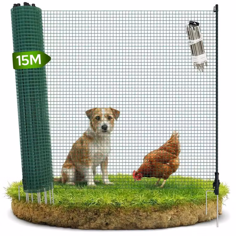 Recinzione mobile per giardino - 15 m - 90 cm di altezza - Rete in plastica - Con 9 pali - Per cani e piccoli animali