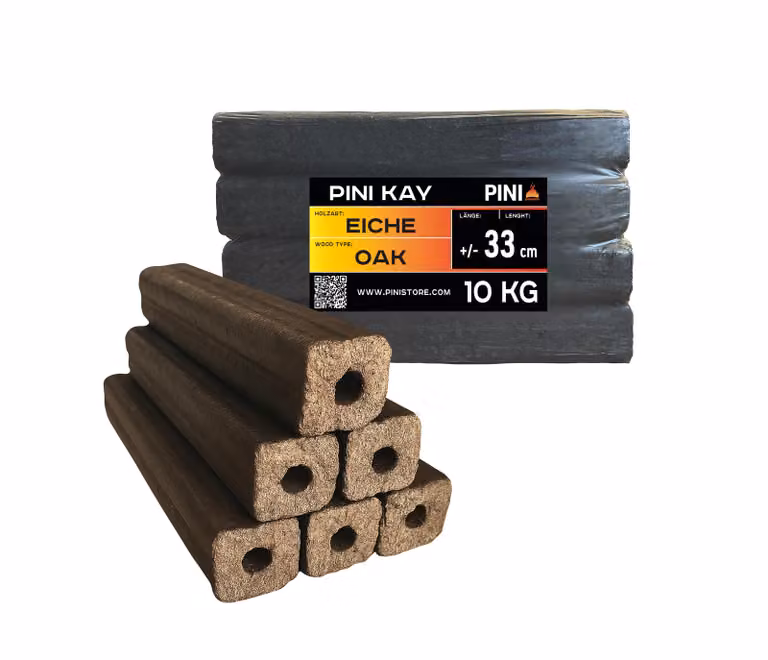 PINI Kay bricchetti di legno di quercia lunghi 33 cm quadrati con foro di estrazione 10 kg bricchetti di legno duro legna da ardere bricchetti di legno di quercia stufa camino barbecue