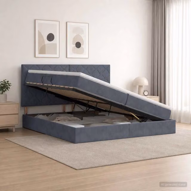 Letto con contenitore e illuminazione LED vidaXL in tessuto grigio con materasso L/P/H: 200 x 200 x 34 cm