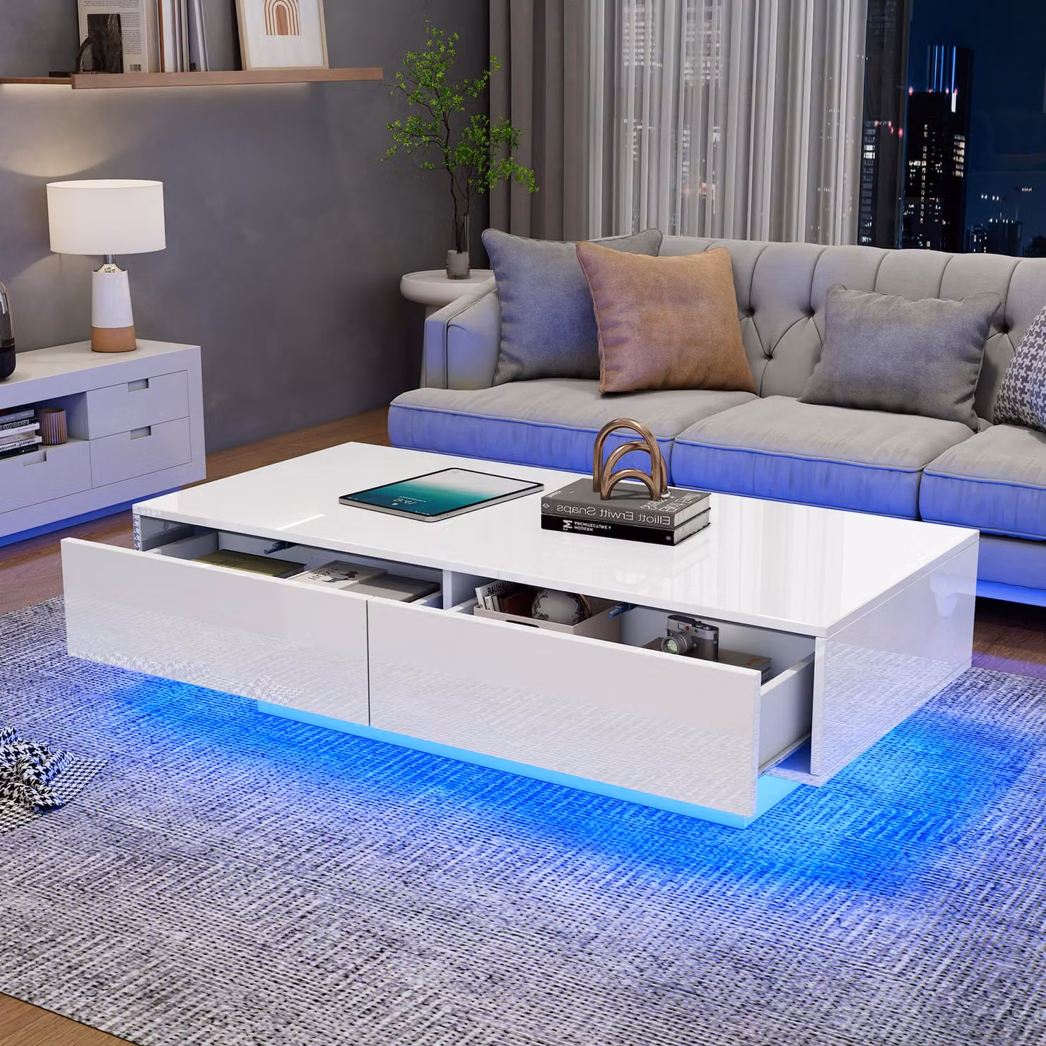 Tavolino STILVORA con 2 cassetti, tavolino da salotto lucido con illuminazione LED, tavolino da divano e comodino in stile semplice, realizzato in pannello di particelle, colore bianco