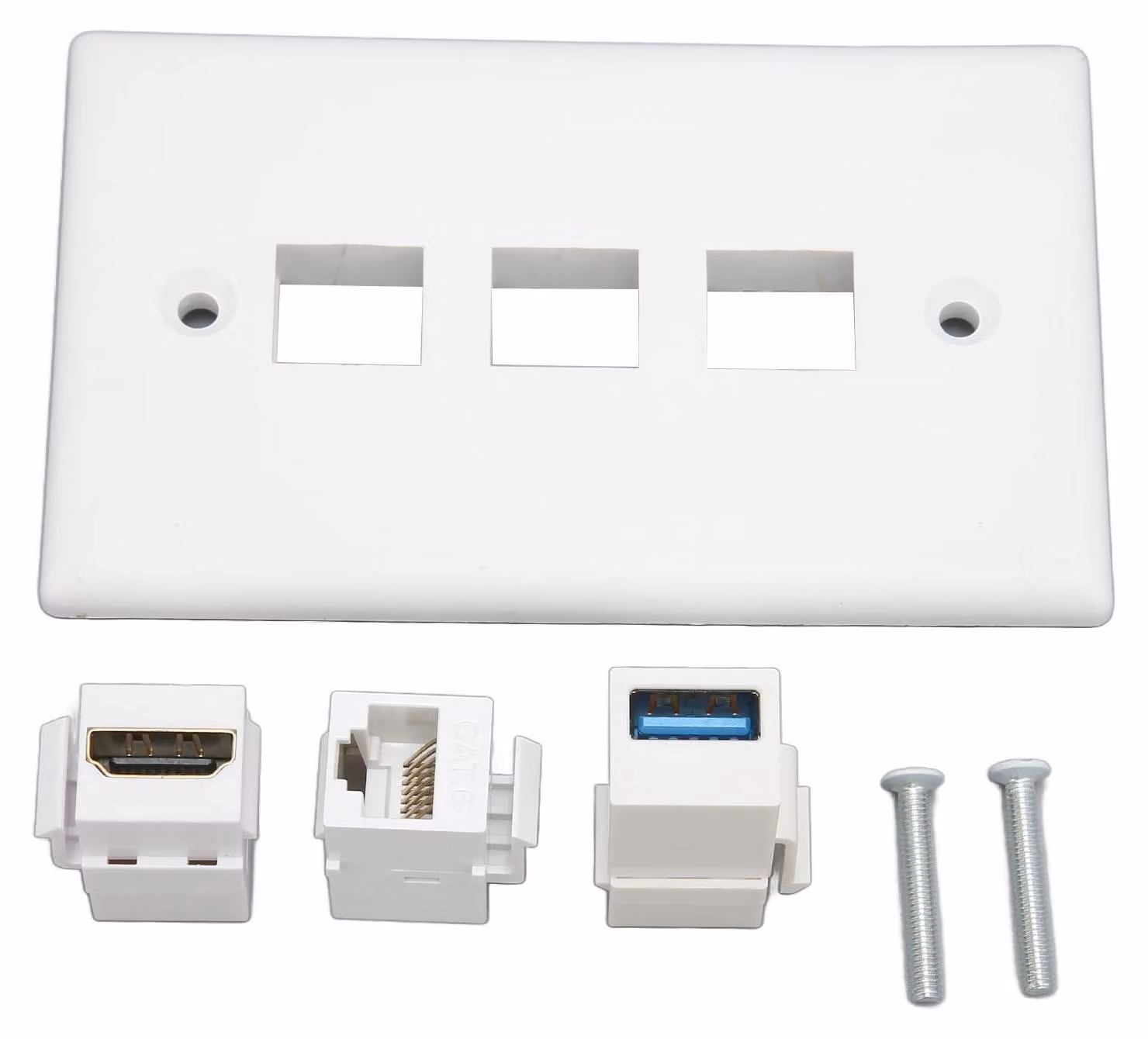 Piastra a muro per interfacce multimediali HD, presa CAT6 e USB3.0 senza saldatura, con 3 connettori