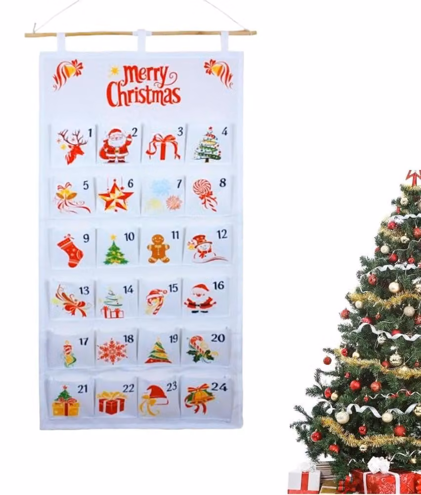 Calendario dell'Avvento in tessuto, con 24 tasche, dimensioni 50x120 cm, colore bianco