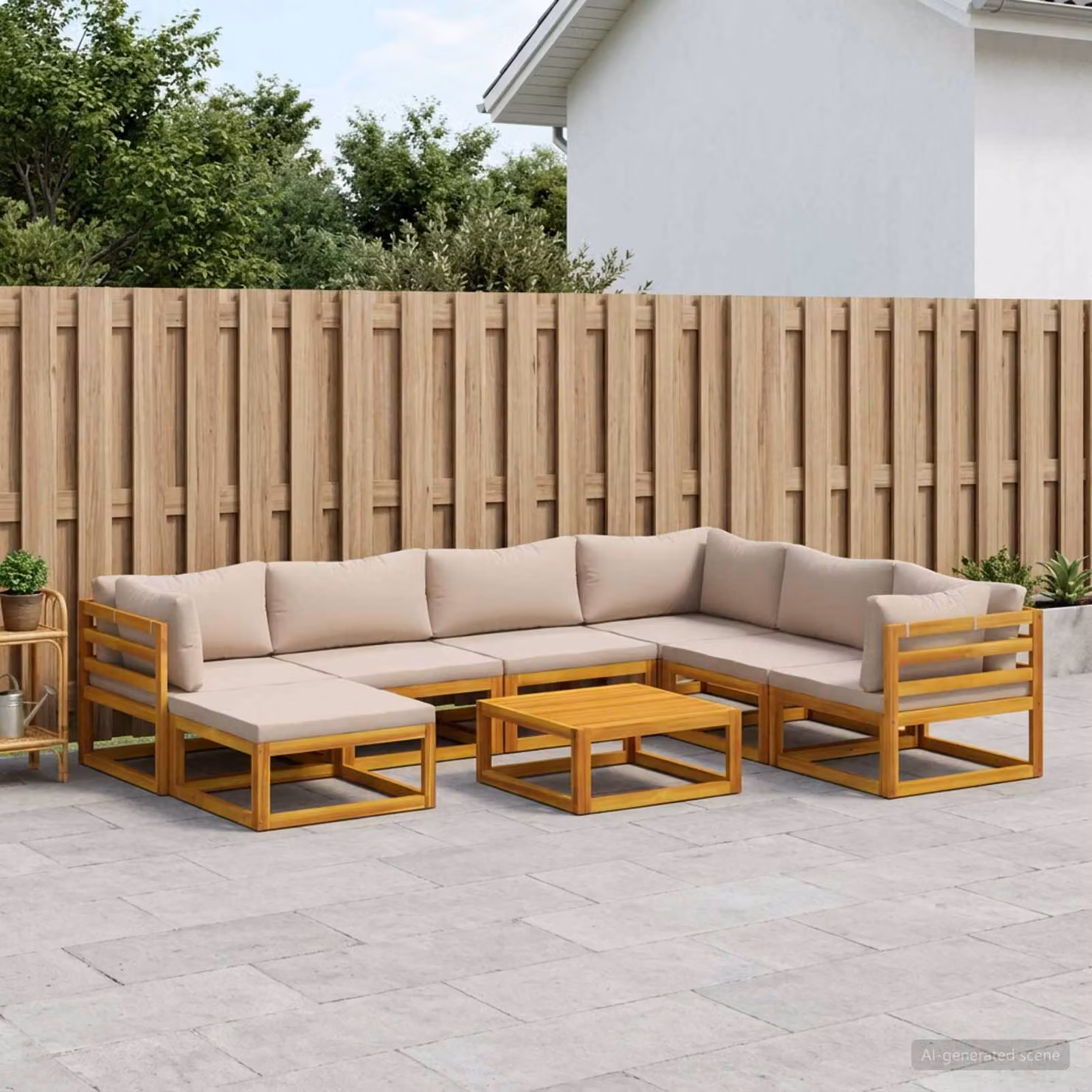 Set di divani da giardino vidaXL 8 pz in legno di acacia massello con cuscini beige e tavolo da esterno, forma a U, colore marrone e beige