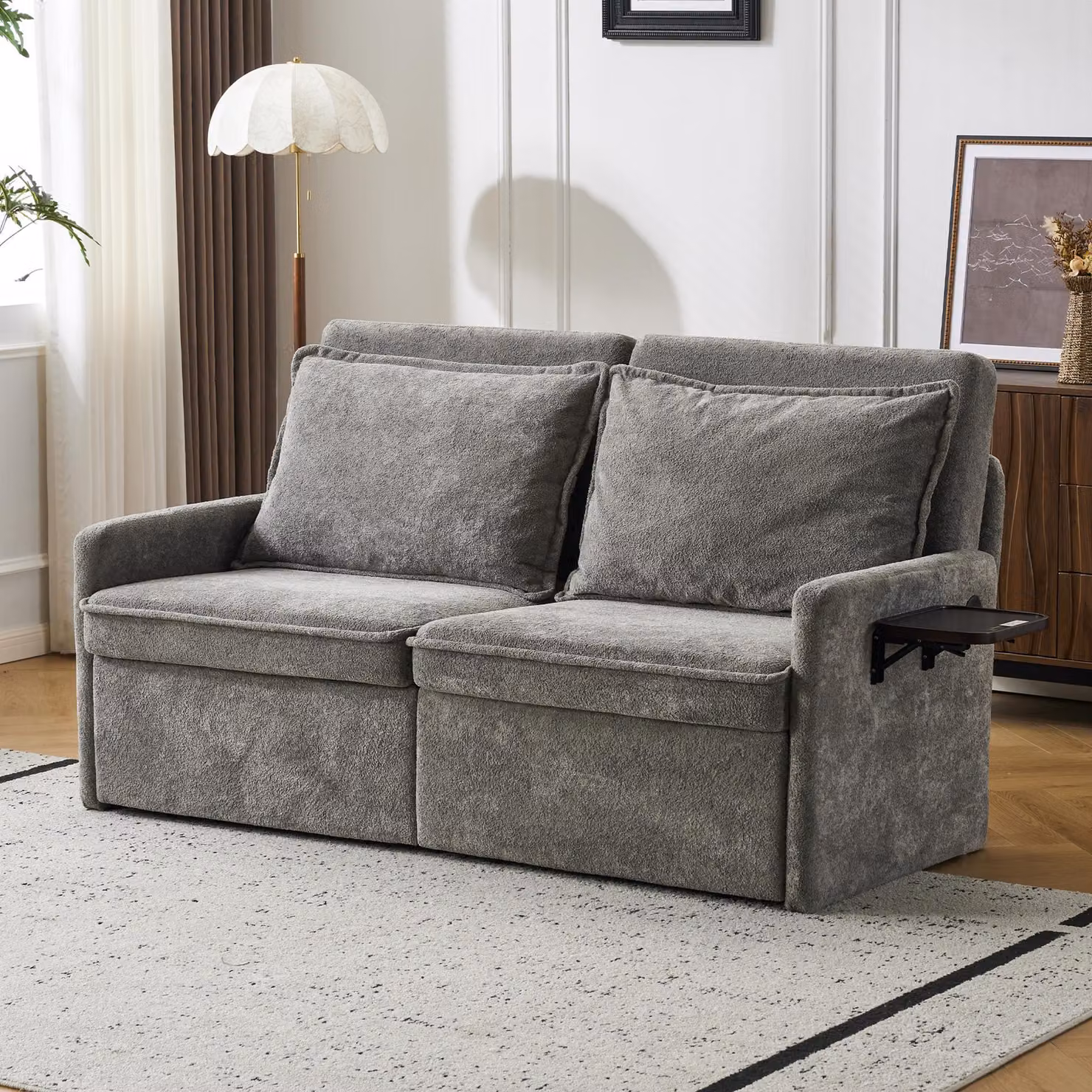 Divano con funzione letto, cuscini, porta USB, 3-in-1, schienale regolabile in 5 posizioni, pieghevole, spazio contenitivo, tessuto in chenille. L3