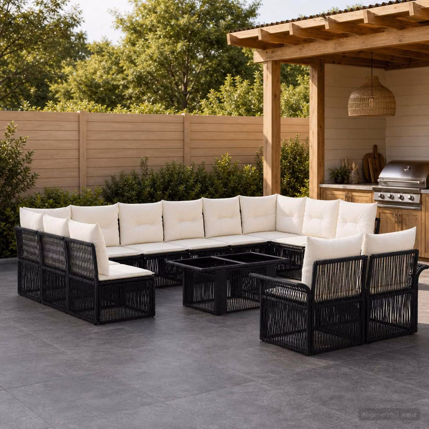 Set Divano da Giardino vidaXL 13 pz a forma a U in Polyrattan Nero e Bianco Crema con Cuscini e Tavolino da Caffè