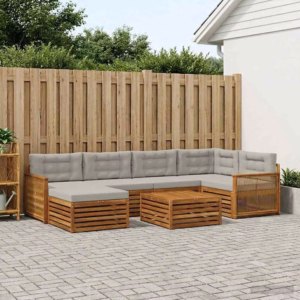 Set di divani da esterno vidaXL a forma di L in legno di acacia con tavolino e pouf, 7 pezzi, Beige e Grigio