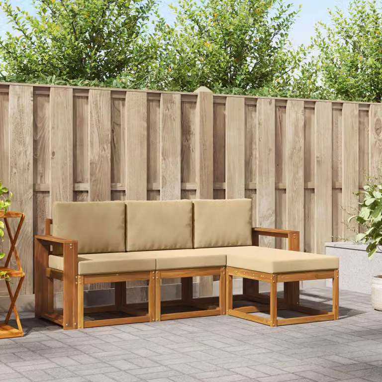 Set di divani da esterno vidaXL a forma di L in legno di acacia con pouf e cuscini, Beige e Sabbia