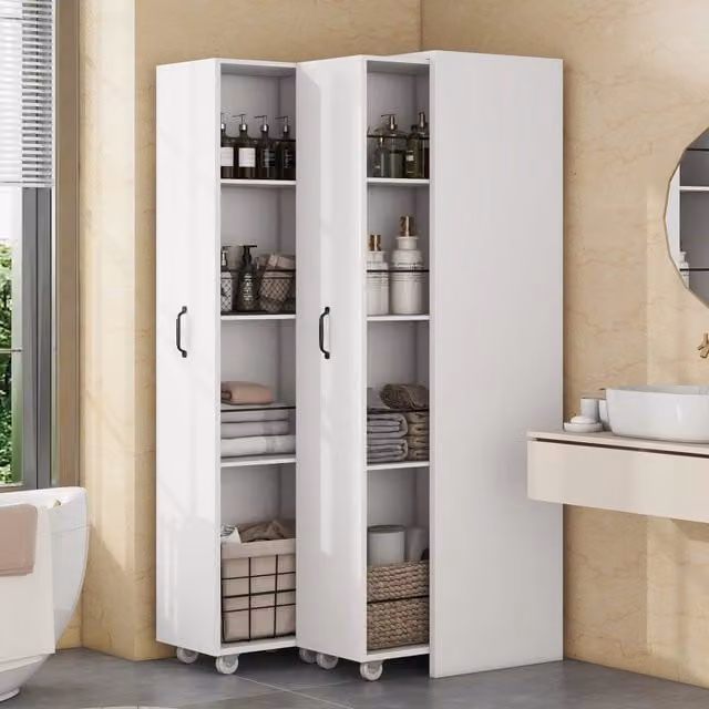 Libreria estraibile con ruote WISHDOR in MDF bianco con 4 ripiani e moduli reversibili L/P/H: 51,5 x 41 x 158 cm