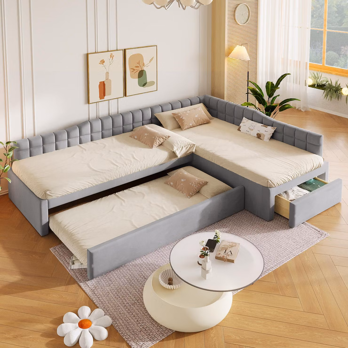 Letto imbottito okwish 90x200 con materasso e cassetti, letto matrimoniale a forma di L, letto per bambini con spazio contenitivo, grigio