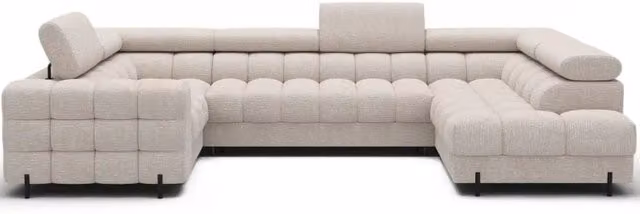 Divano panoramico convertibile FACTORY Meublorama beige con angolo destro e contenitore, modello a U con funzione letto e coperture rimovibili