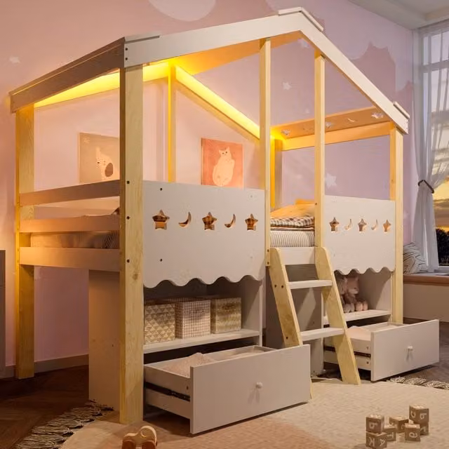 Letto semi-alto a forma di casetta 90x200 cm in pino bianco e naturale, con LED, 2 cassetti e ripiani