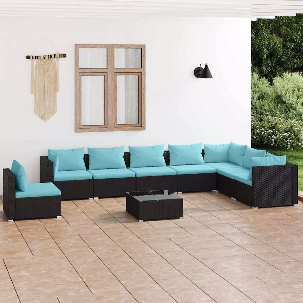 vidaXL Set Divani da Giardino 9 pz con Cuscini Blu e Nero in Polyrattan e Acciaio – 1