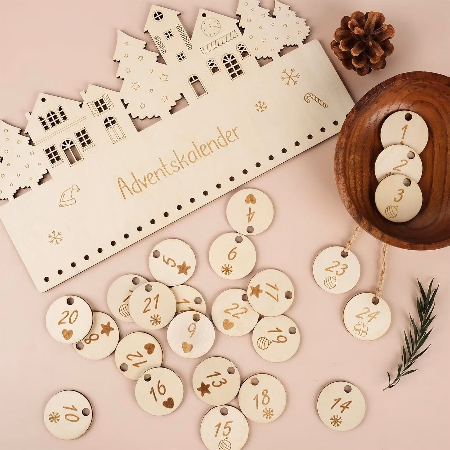 Calendario dell'Avvento MOM con numeri in legno da 1 a 24, con corda di juta - Calendario dell'Avvento da assemblare e appendere - Decorazione natalizia in legno