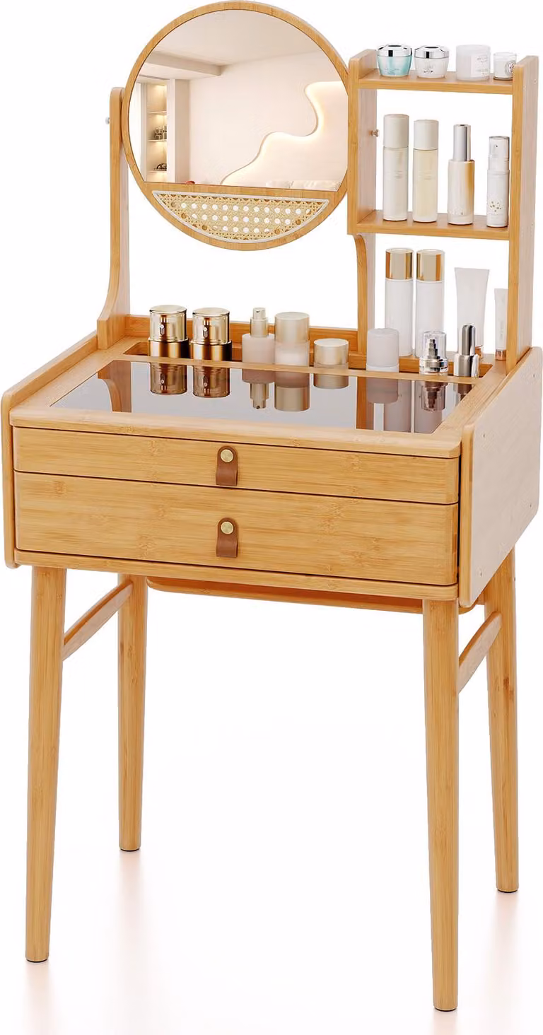 Tavolo da trucco COSTWAY in bambù, tavolo cosmetico con specchio e 2 cassetti e piano in vetro, tavolo da trucco, 60x46,5x122cm