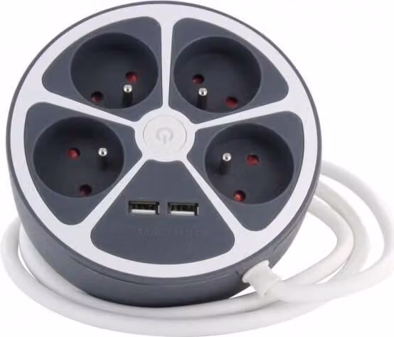 Presa multipla CHACON, 4 x 16A + 2 USB, cavo da 1,5 m, grigio, con interruttore, 3680W