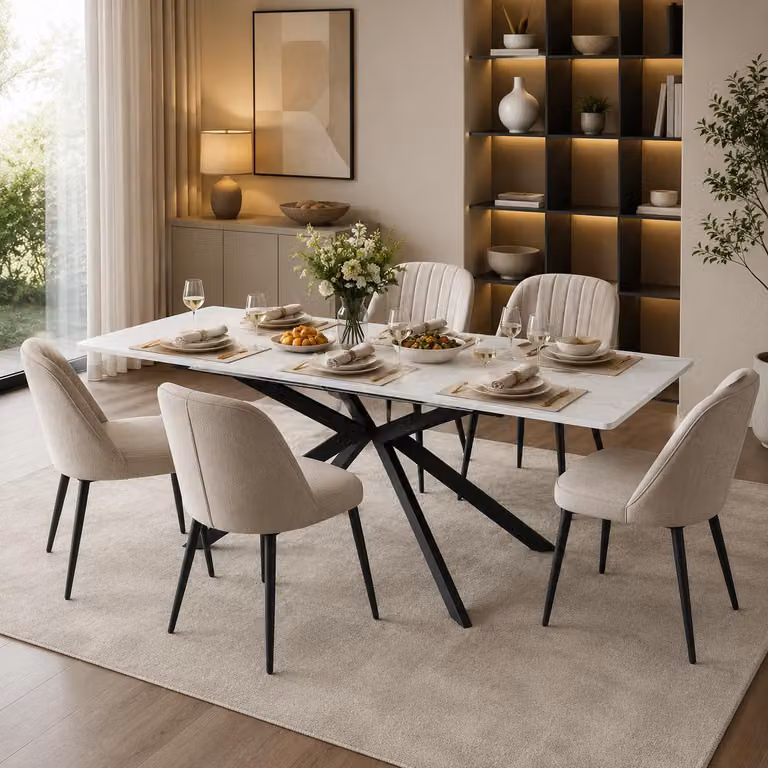 Tavolo da pranzo allungabile, dimensioni 150/180 x 70 x 76 cm, tavolo rettangolare con struttura a incrocio, allungabile automaticamente, finitura effetto marmo, colori nero e bianco, realizzato in MDF