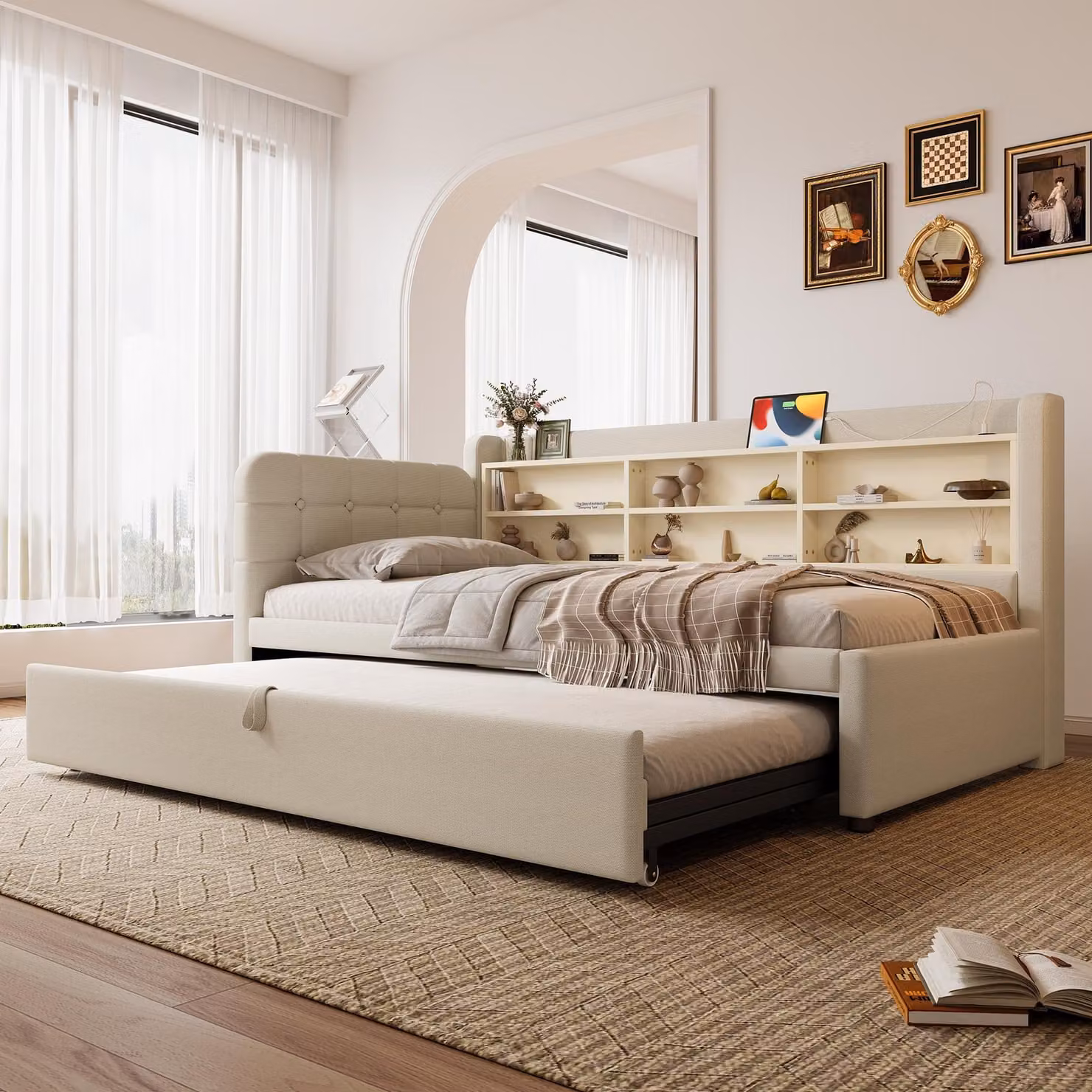 Abrihome divano letto 90×200 cm daybed con letto estraibile, USB e Type-C, daybed con rete a doghe - Beige