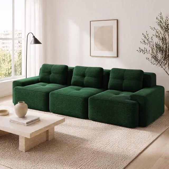 Divano modulare basso in velluto a coste verde con seduta profonda 74 cm HOMVRA