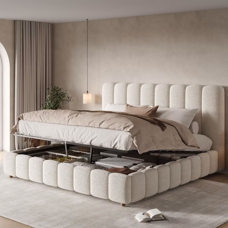Letto imbottito 160x200, letto funzionale idraulico, rete a doghe, testiera, ampio spazio contenitivo, imbottito, tessuto bouclé, senza materasso. Bianco