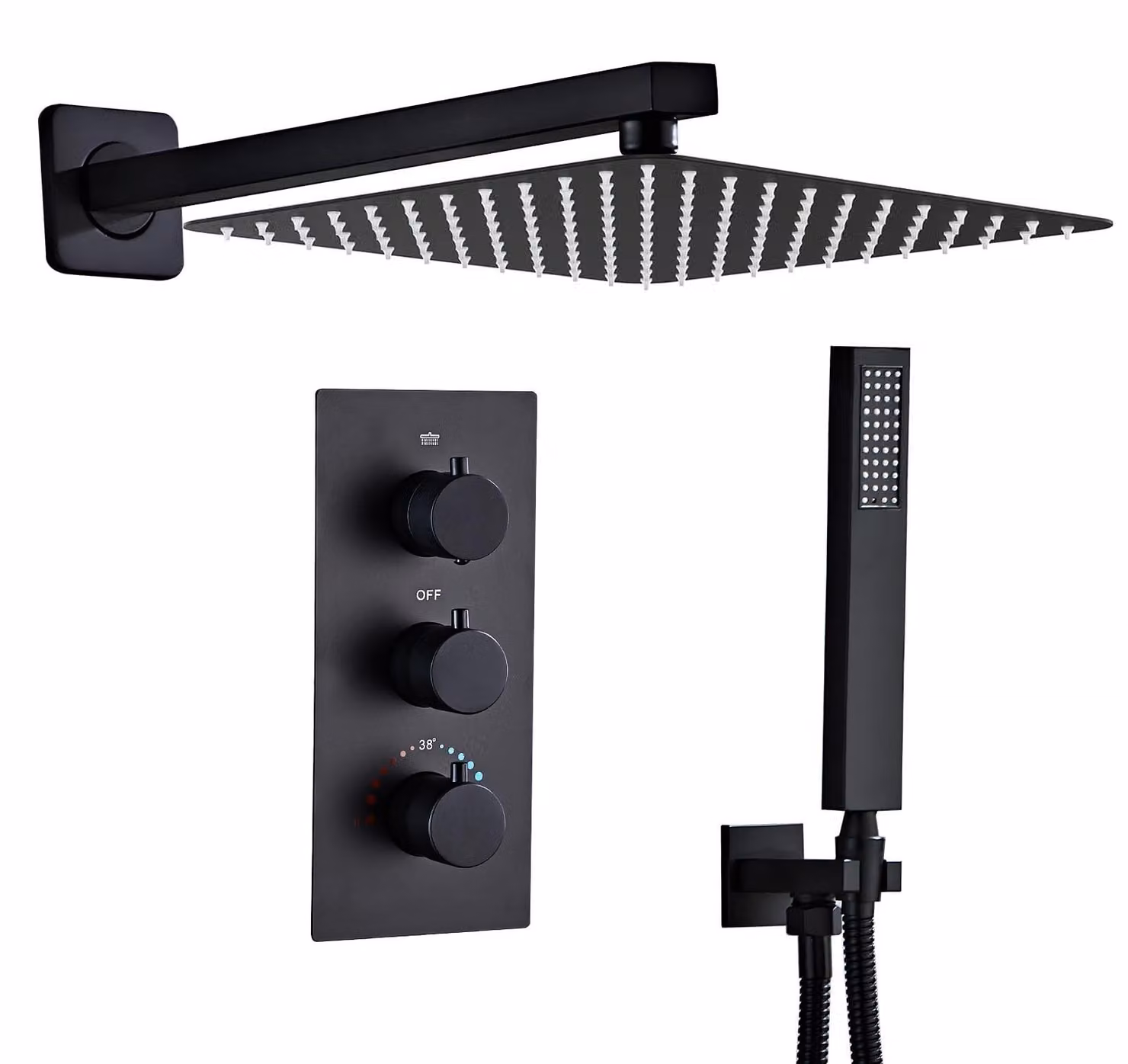 Set doccia da incasso, finitura nera opaca - Miscelatore termostatico in ottone - Doccia a pioggia da 25 cm