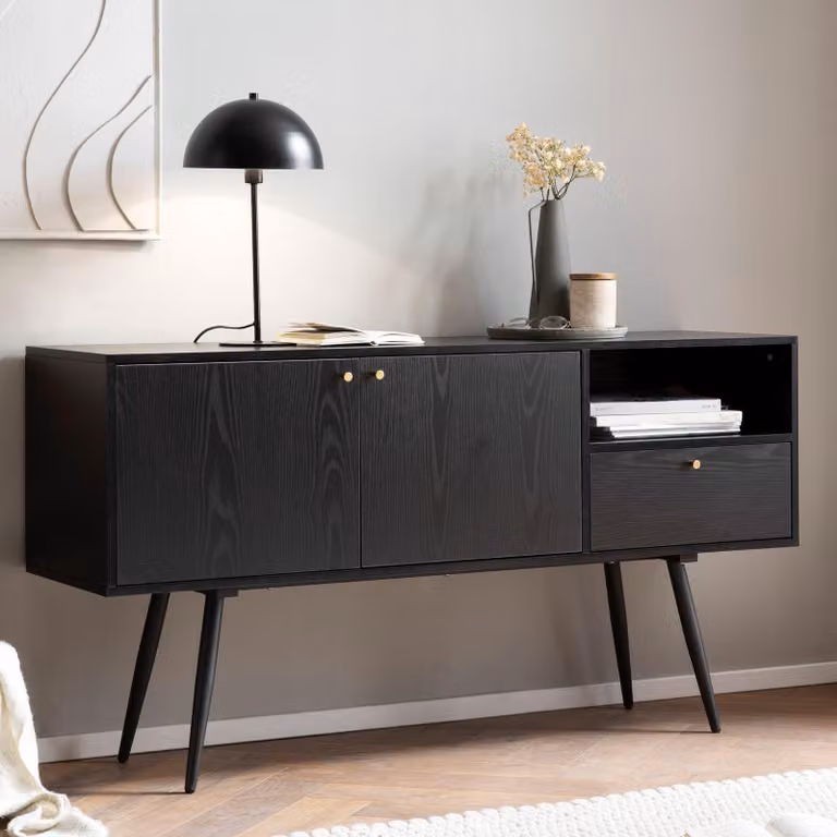 FineBuy Credenza 140x75x40 cm, comò nero con finitura rovere, design intramontabile, comò alto da salotto con 2 ante e un cassetto