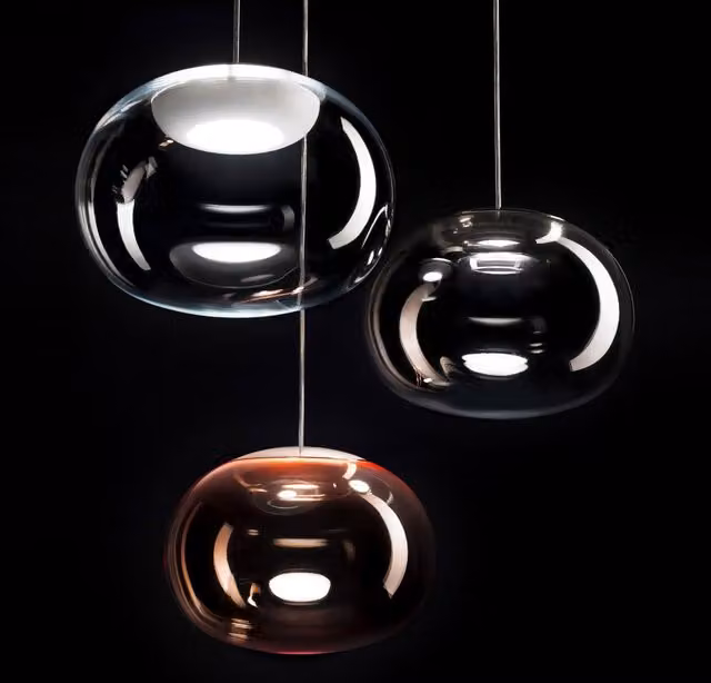 Lampada a sospensione Stilnovo La Marièe in vetro trasparente con finiture oro, ottone e rame, regolabile e dimmabile con luce LED bianco caldo
