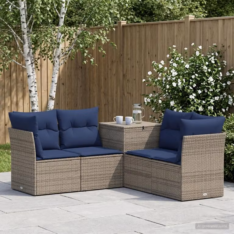 Set di divani da giardino vidaXL a forma di L con 5 pezzi in polyrattan e acciaio, colori Grigio e Blu Navy con cuscini inclusi