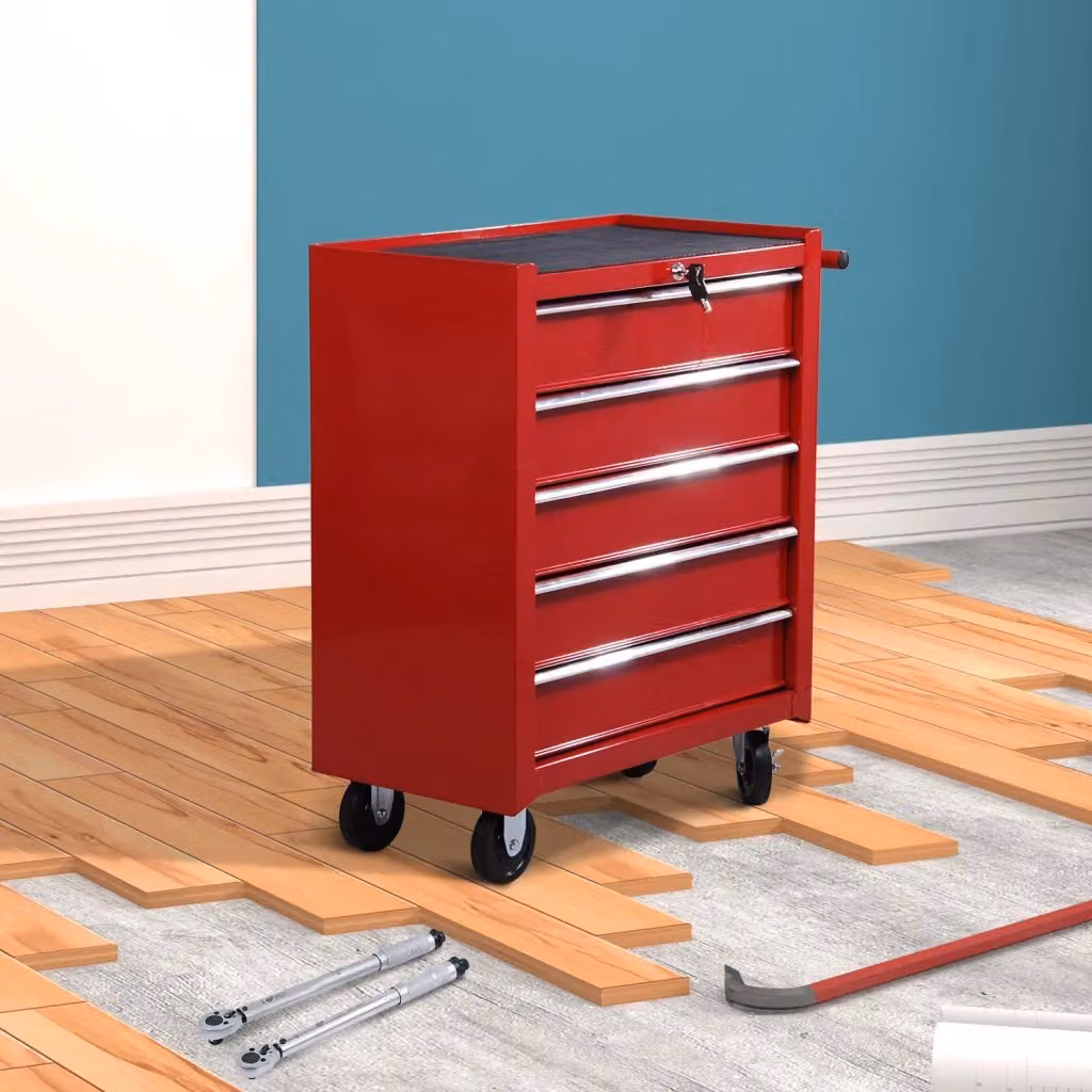 EasyComfort Carrello Porta Utensili in Lamiera d'Acciaio con 5 Cassetti, Serratura e 2 Ruote con Freno, Rosso, L: 67,5 cm, P: 33 cm, H: 77 cm – 2