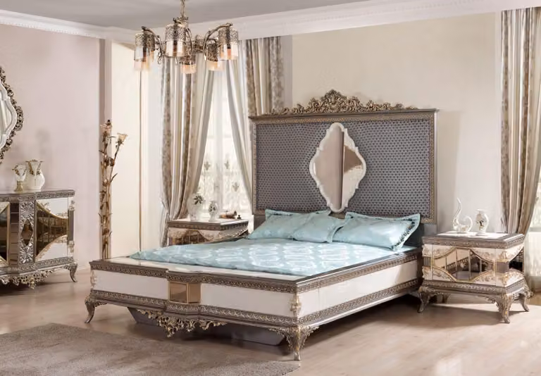 Klassische Graue Schlafzimmer Luxus Garnitur Doppelbett 2x Nachttische