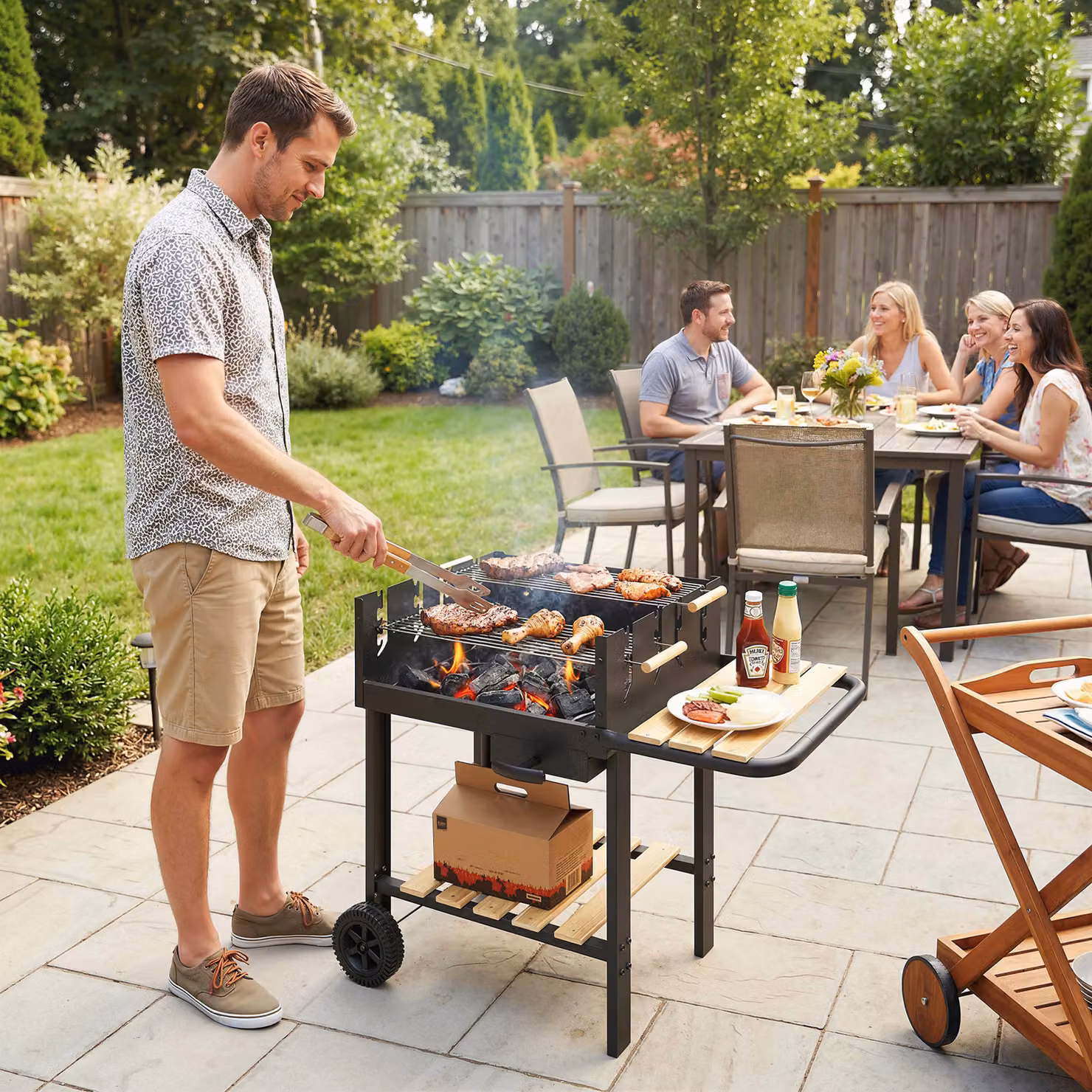 Carrello barbecue Outsunny in legno nero con 2 griglie regolabili e ruote per carbone – 2