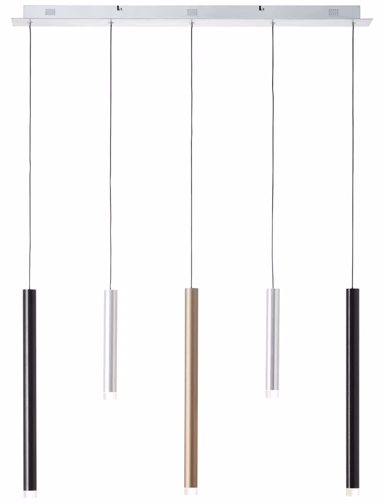 Lampada BRILLIANT Cembalo LED a sospensione 5 luci alluminio/nero/marrone | 5 LED da 4 W integrati, 362 lm, 3000 K | Regolabile in 3 livelli tramite interruttore a parete | Regolabile in altezza / cavo accorciabile
