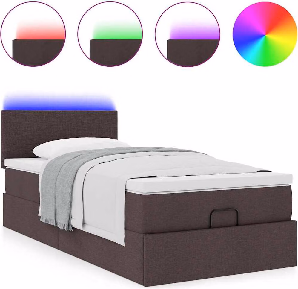Pouf Letto con Materasso e LED Marrone Scuro 90x200 cm Tessuto