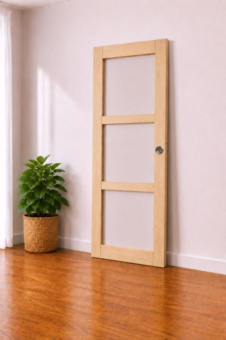 Porta scorrevole in Ayous con vetro trasparente H204 x L73 cm, con conchiglie, maniglia a spinta, GD MENUISERIES