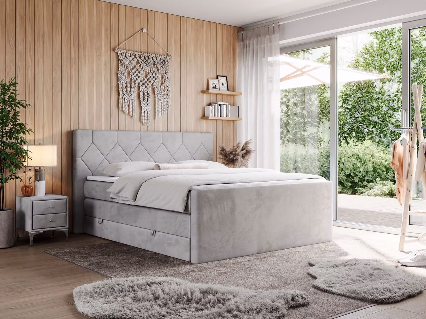 Letto boxspring con materasso matrimoniale, due cassetti portaoggetti e coprimaterasso, per camera da letto - KING EIGAR - 180x200 cm - Grigio chiaro - H3