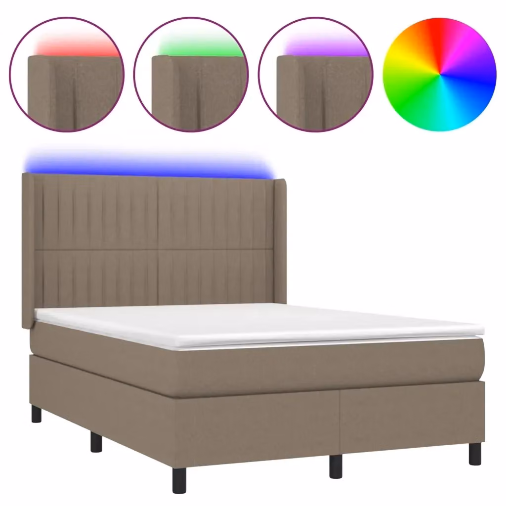 Letto a Molle con Materasso e Illuminazione LED vidaXL in Tessuto Tortora L/P/H: 140 x 190 cm – 2