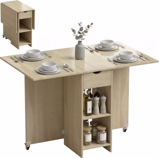 Tavolo da pranzo pieghevole e rollabile Minimal con cassetto e vano aperto, colore beige, per 2-4 persone