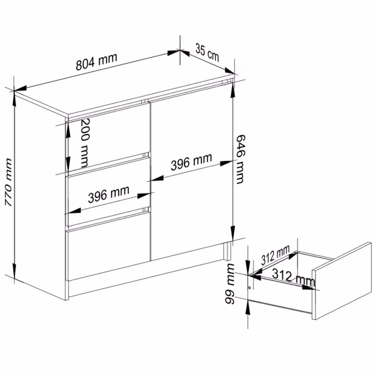 Comò da 80 cm con 3 cassetti e 1 anta, credenza, mobile da 77 cm di altezza